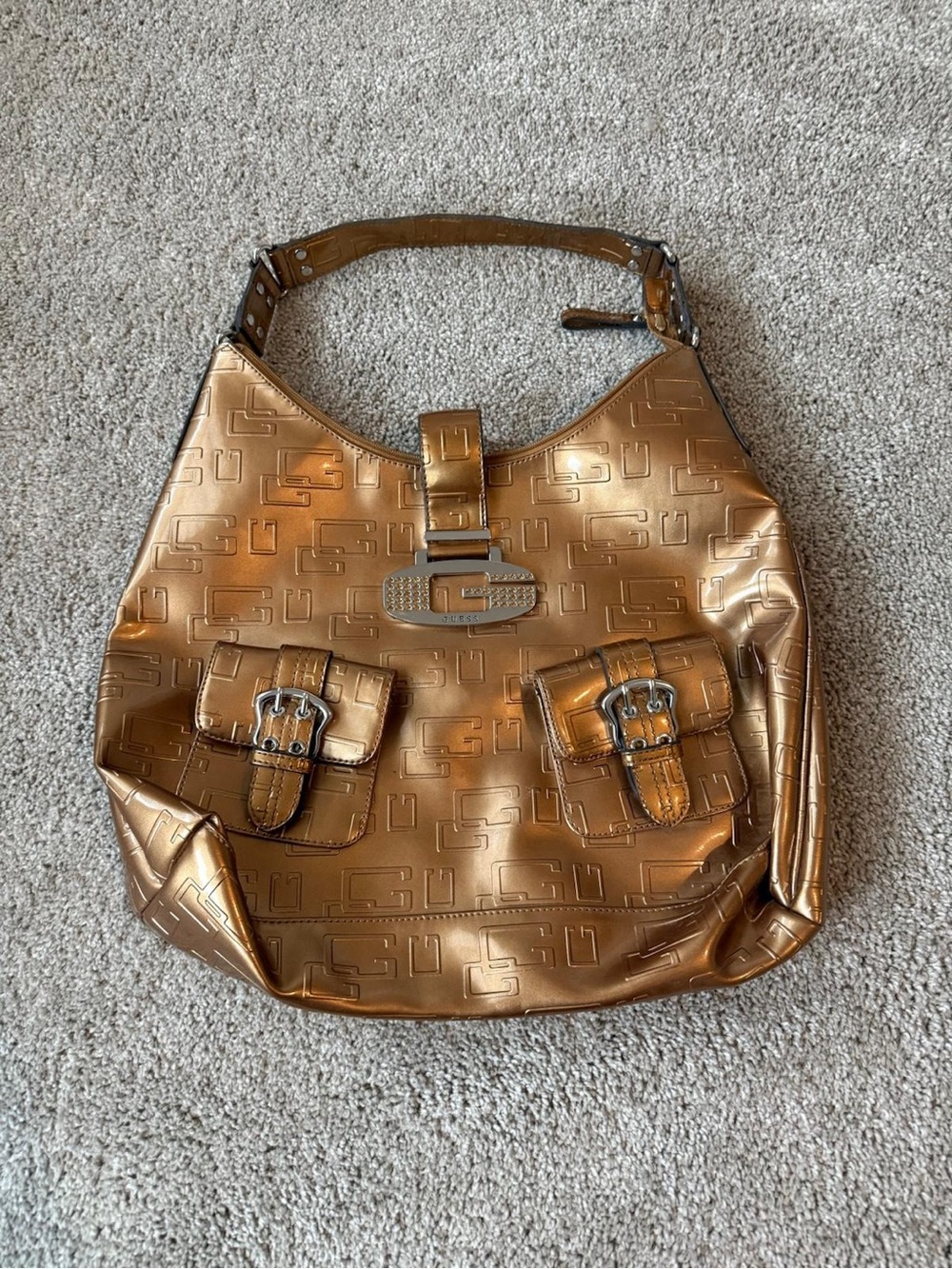 Metallic Copper Shoulder Bag with Buckle Accents